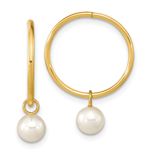 14K Gold 5-6mm White Pearl Dangle Hoop Earrings at Prices