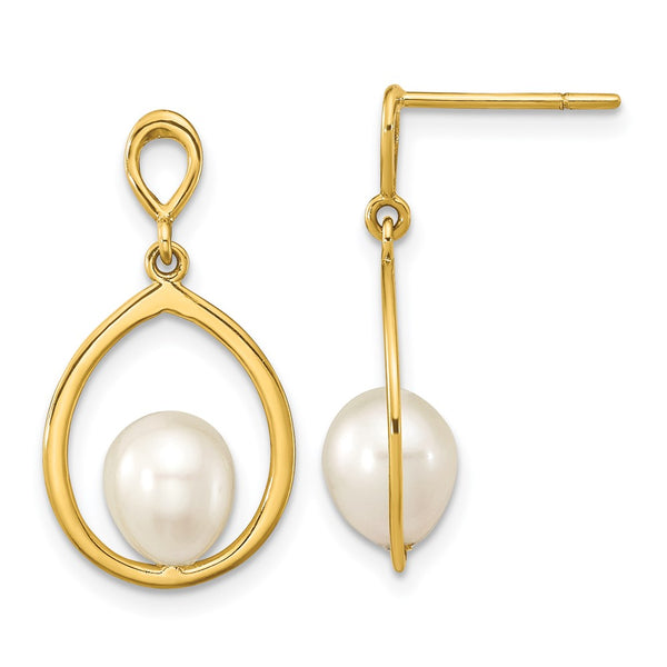 14K Gold Freshwater Pearl Dangle Earrings, 6-7mm