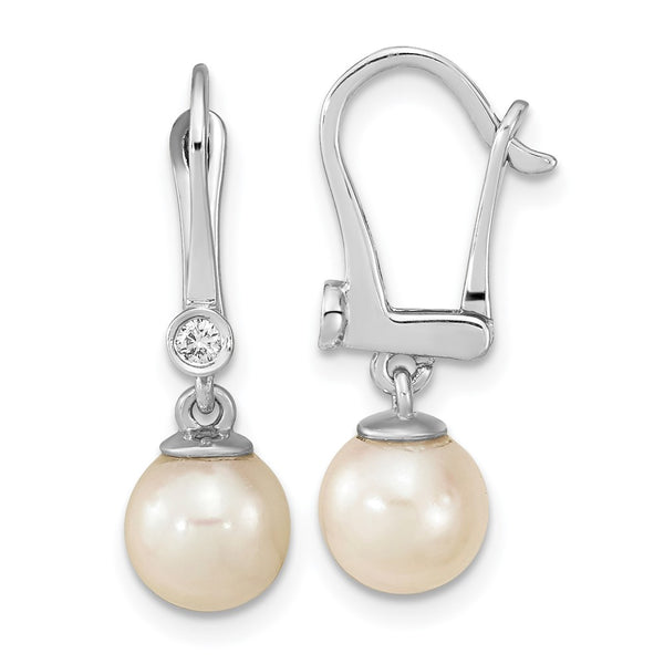 14K White Gold Dangle Earrings with 7-8mm Akoya Pearls & .05ct Diamonds