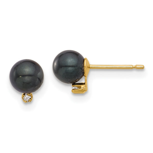 14K Gold Black Round Akoya Pearl Earrings with 0.02ct Diamonds