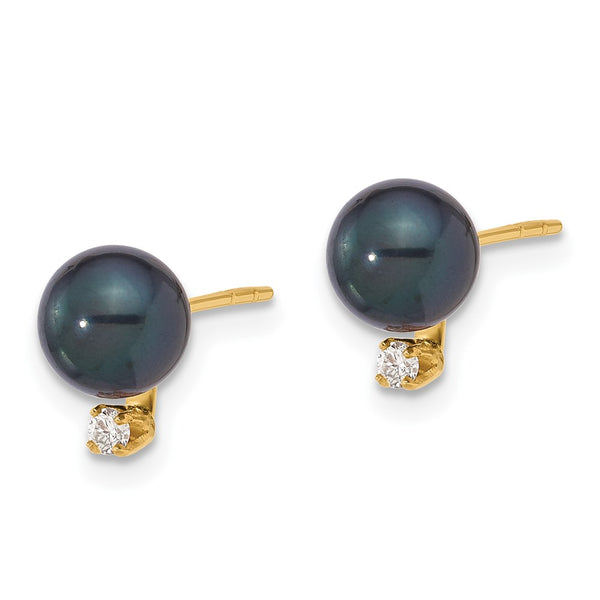 14K Gold Black Round Akoya Pearl Earrings with .06 Carat Diamonds