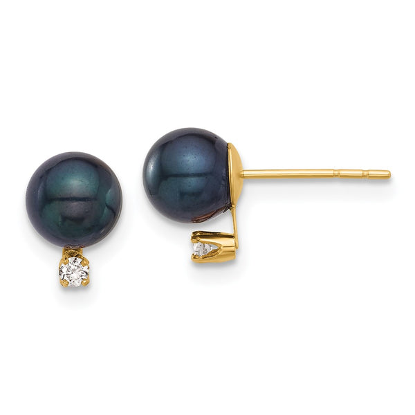 14K Gold Black Round Akoya Pearl Earrings with .06 Carat Diamonds