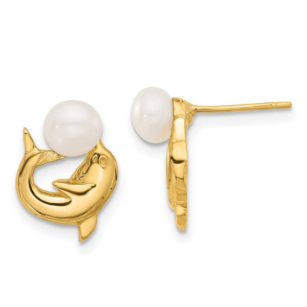 14K Gold Dolphin Post Earrings with 5-6mm Freshwater Pearls