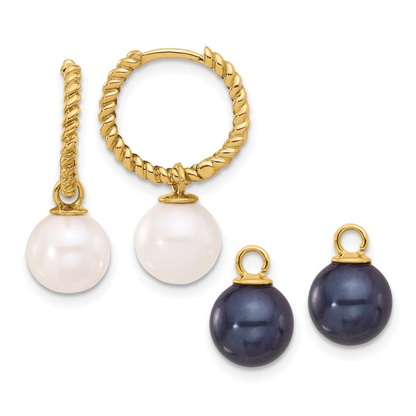 14K Gold Dangle Hoop Earrings with 7-8mm Pearl Gems