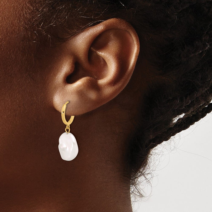 Shop Stylish 14K Gold White Keshi Pearl Dangle Hoop Earrings, 11-12mm-3
