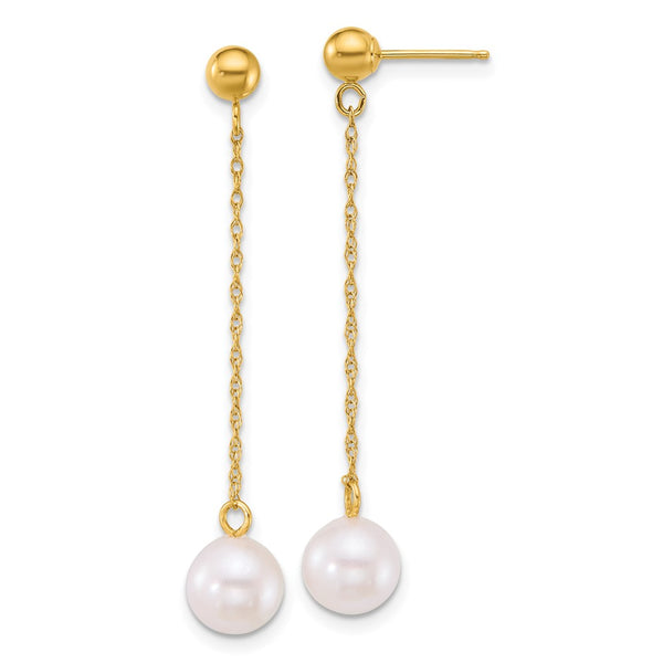 14K Gold Akoya Pearl Dangle Earrings 6.5-7mm