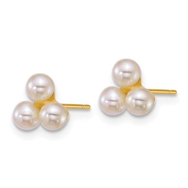14K Polished White Pearl Button Earrings - 3 Freshwater Pearls, 3-4mm