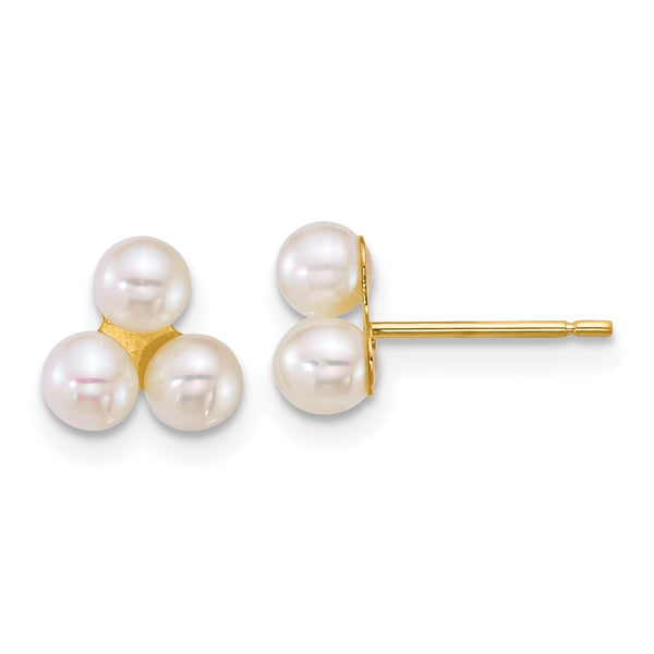 14K Polished White Pearl Button Earrings - 3 Freshwater Pearls, 3-4mm