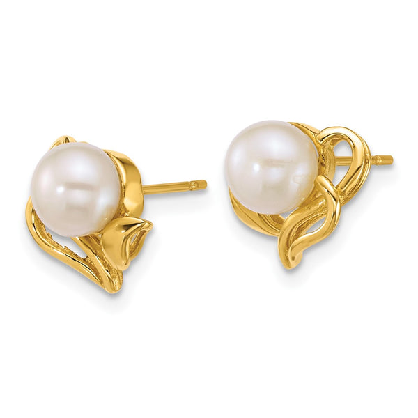 14K Polished White Pearl Flower Post Earrings - 6-7mm