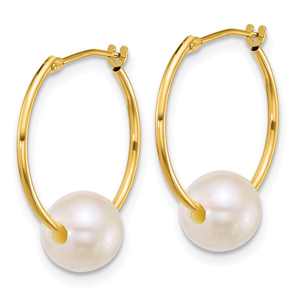 14K Gold Pearl Hoop Earrings, 7-8mm