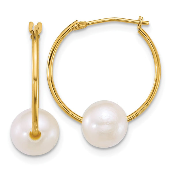 14K Gold Pearl Hoop Earrings, 7-8mm
