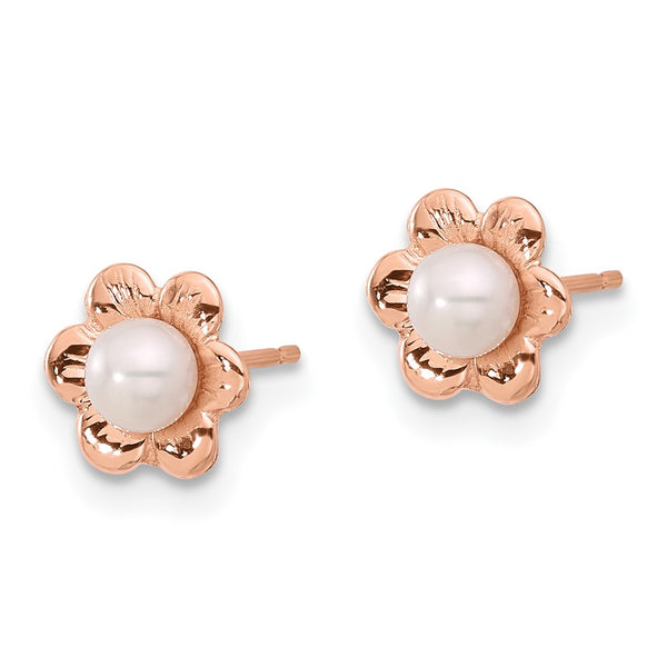 14K Rose Gold Flower Post Earrings with 3-4mm Pearls