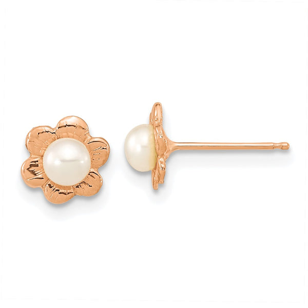 14K Rose Gold Flower Post Earrings with 3-4mm Pearls