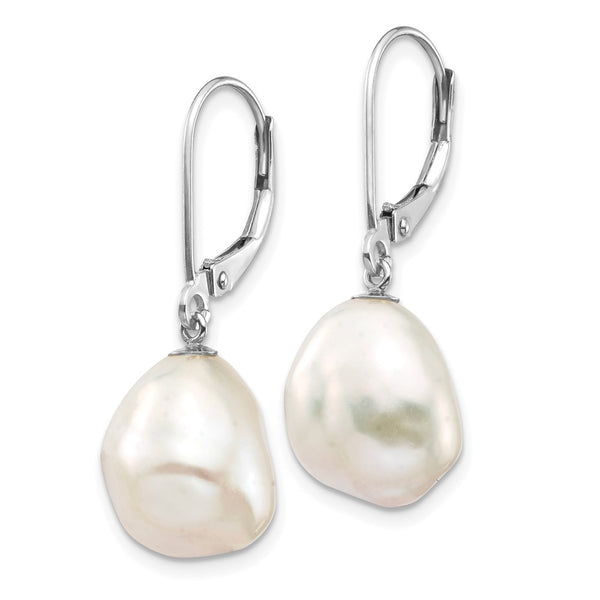 14K White Gold Leverback Earrings with 10x13mm Keshi Pearls