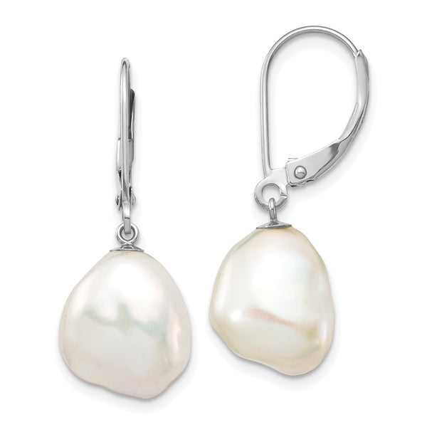 14K White Gold Leverback Earrings with 10x13mm Keshi Pearls