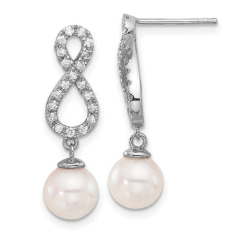 High-Quality 14K White Gold Infinity Dangle Earrings with 7-8mm Pearls & Diamonds
