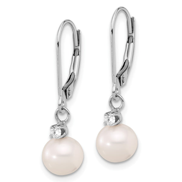 High-Quality 14K White Gold Dangle Earrings with 7-8mm Pearls & Diamonds