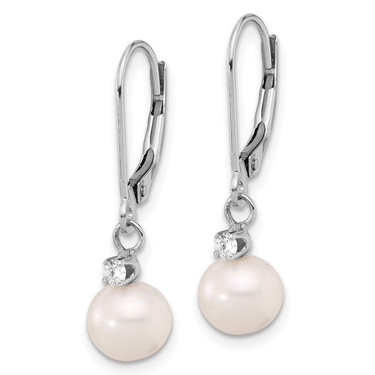 High-Quality 14K White Gold Dangle Earrings with 7-8mm Pearls & Diamonds