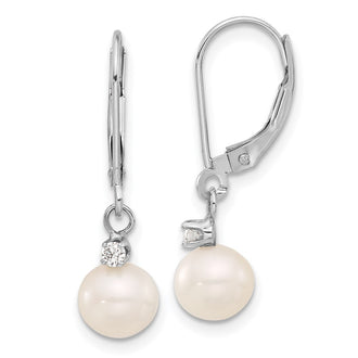 High-Quality 14K White Gold Dangle Earrings with 7-8mm Pearls & Diamonds