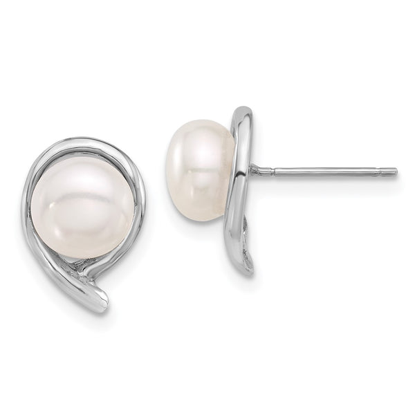 14K White Gold Button Earrings with 7-8mm Freshwater Pearls