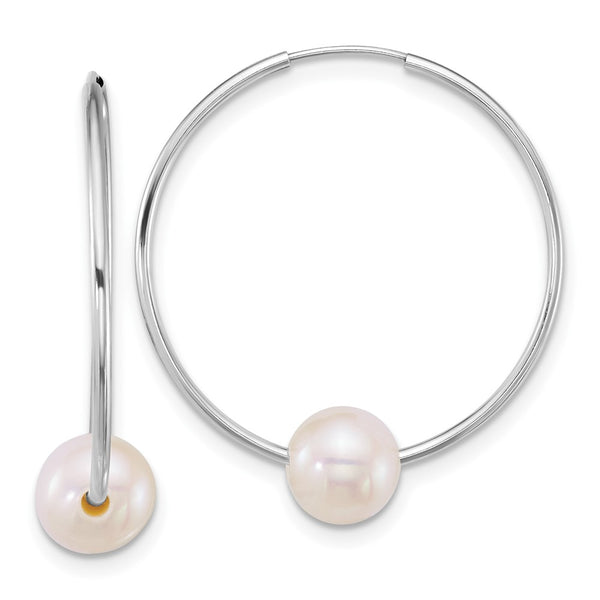14K White Gold Endless Hoop Earrings with 6-7mm Freshwater Pearls