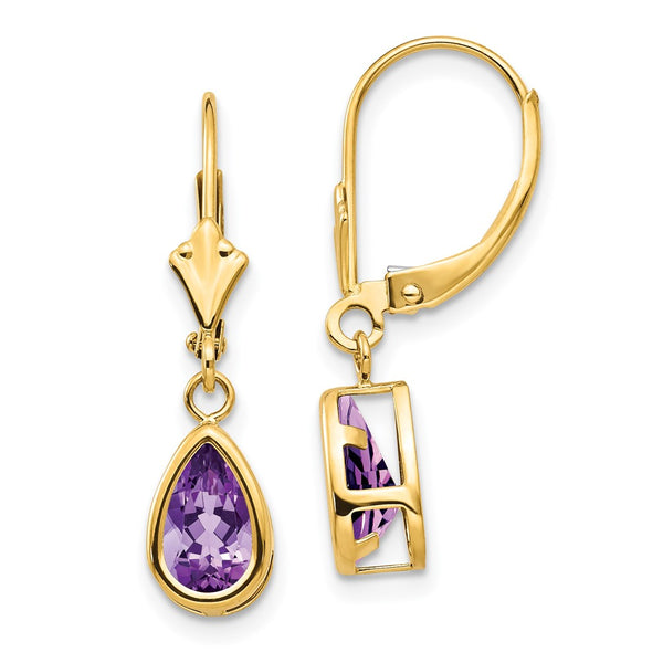 14K Gold Amethyst Dangle Earrings - 8x5mm Gemstone