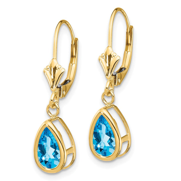 14K Gold Blue Topaz Earrings - 8x5mm Pear Shape