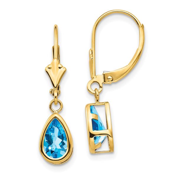 14K Gold Blue Topaz Earrings - 8x5mm Pear Shape