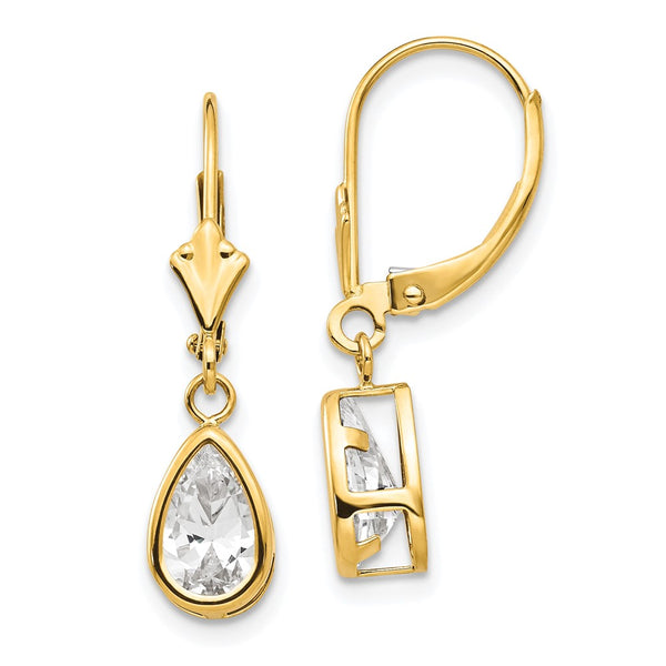 14K Gold Leverback Earrings with 8x5mm Pear-Shaped CZ