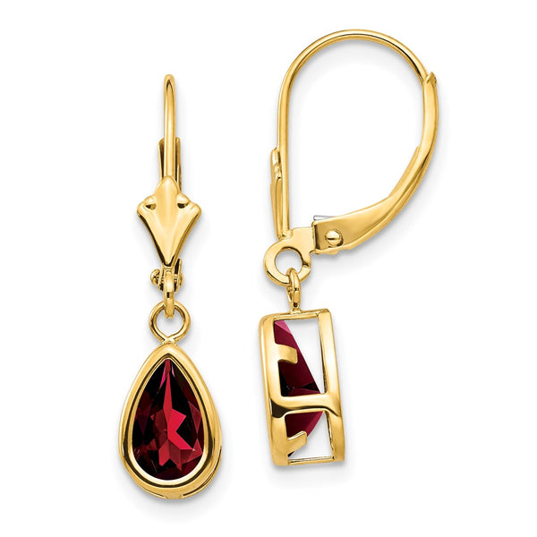 14K Gold Leverback Earrings with 8x5mm Pear-Shaped Garnets