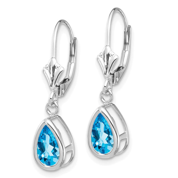 14K White Gold Leverback Earrings with 8x5mm Blue Topaz