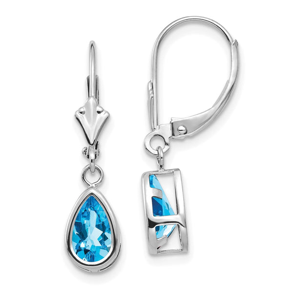 14K White Gold Leverback Earrings with 8x5mm Blue Topaz