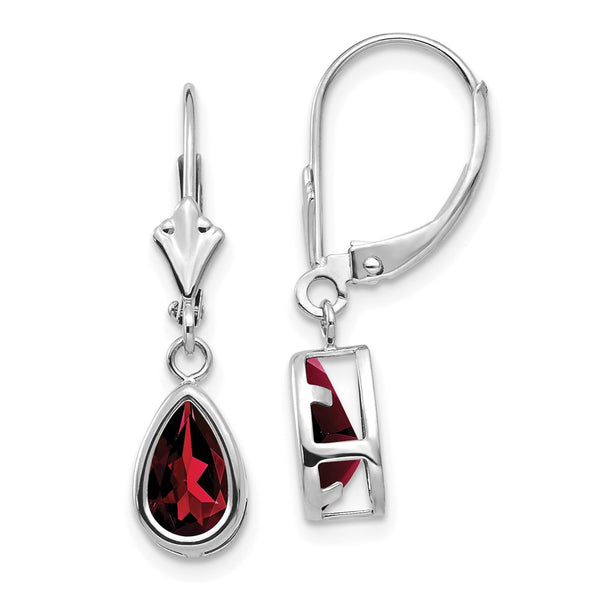 14K White Gold Leverback Earrings with 8x5mm Garnet