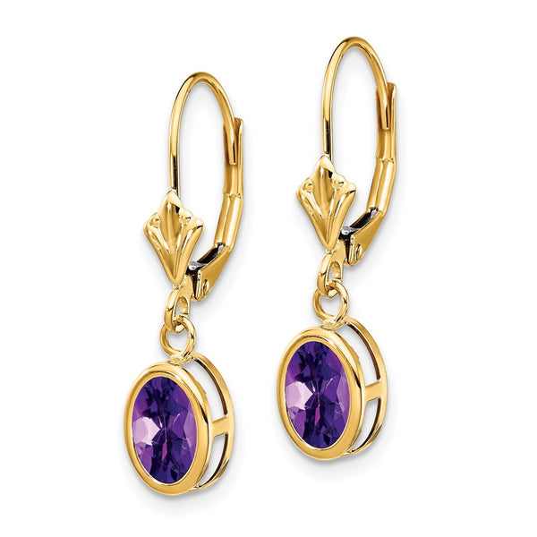 14K Gold Leverback Earrings with 7x5mm Oval Amethyst