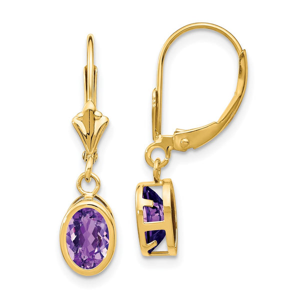14K Gold Leverback Earrings with 7x5mm Oval Amethyst