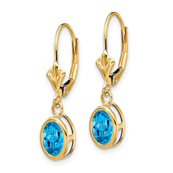 14K Gold Leverback Earrings with 7x5mm Blue Topaz