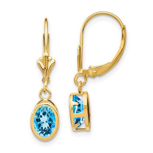 14K Gold Leverback Earrings with 7x5mm Blue Topaz