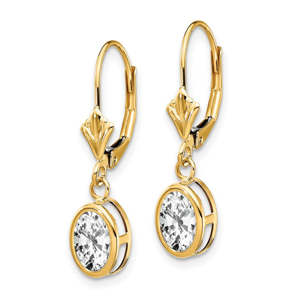 14K Gold Leverback Earrings with 7x5mm Cubic Zirconia