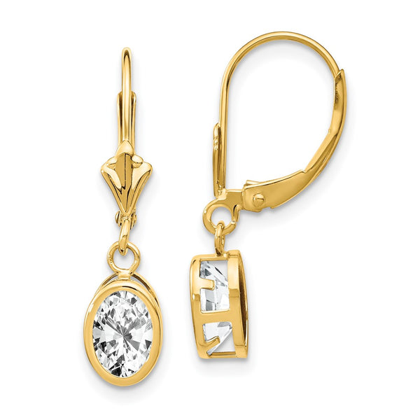 14K Gold Leverback Earrings with 7x5mm Cubic Zirconia