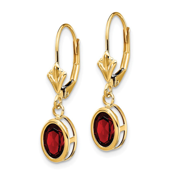 14K Gold 7x5mm Oval Garnet Leverback Earrings