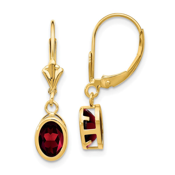 14K Gold 7x5mm Oval Garnet Leverback Earrings