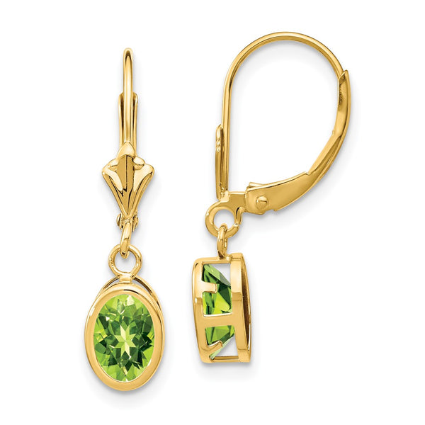 14K Gold 7x5mm Oval Peridot Leverback Earrings
