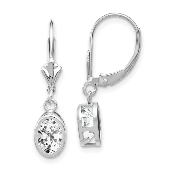 14K White Gold Oval Leverback Earrings with 7x5mm CZ