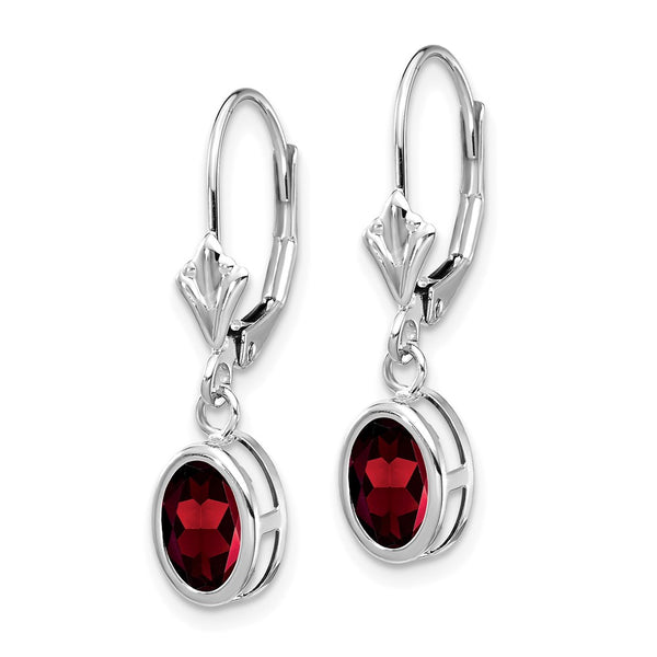 14K White Gold Oval Garnet Leverback Earrings - 7x5mm