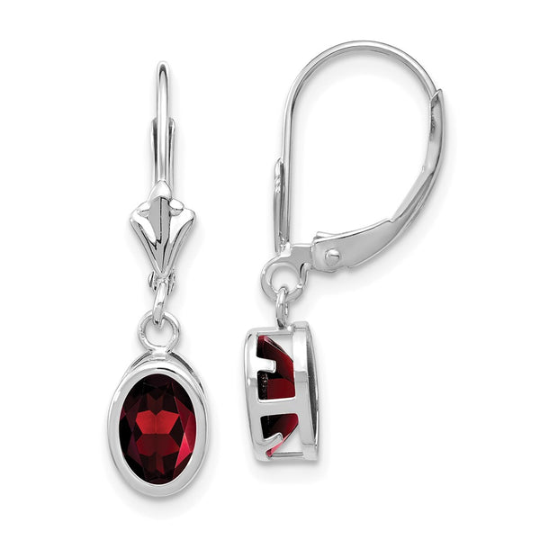 14K White Gold Oval Garnet Leverback Earrings - 7x5mm