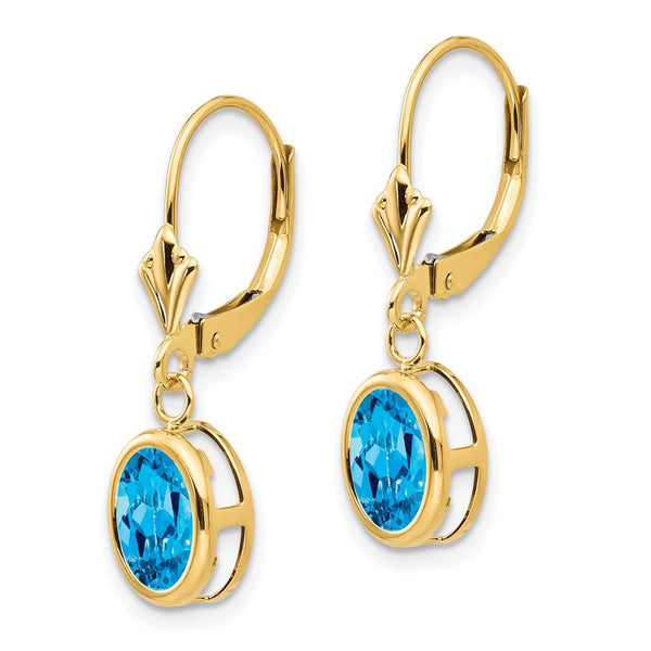 14K Gold Leverback Earrings with 8x6mm Blue Topaz