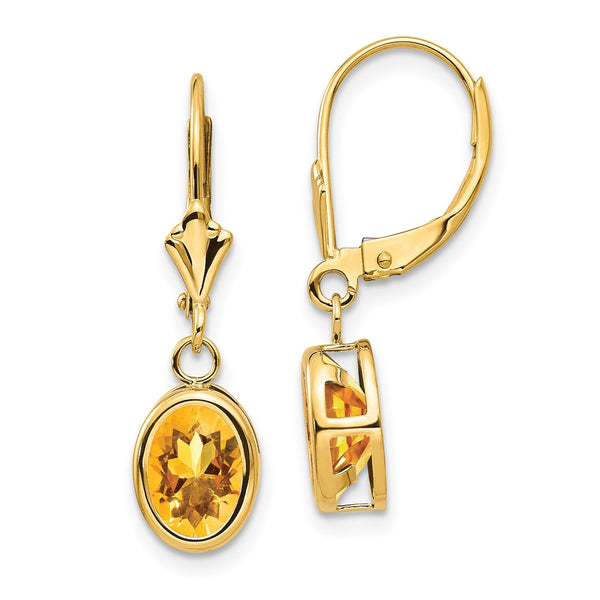 14K Gold 8x6mm Oval Citrine Leverback Earrings