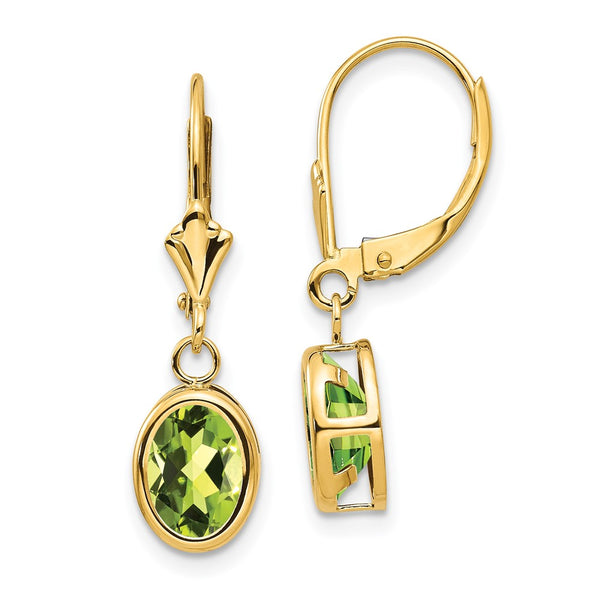 14K Gold 8x6mm Oval Peridot Leverback Earrings