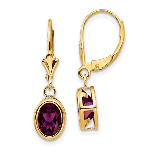 Shop Stylish 14K Gold Leverback Earrings with 8x6mm Oval Rhodolite Garnet