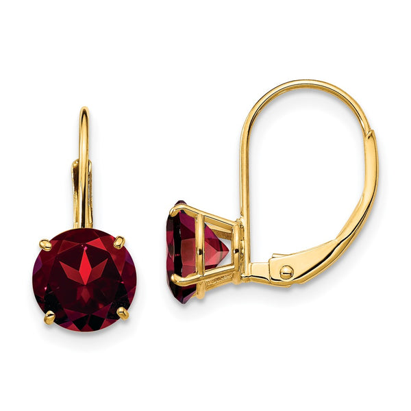 14K Gold Round Garnet Leverback Earrings